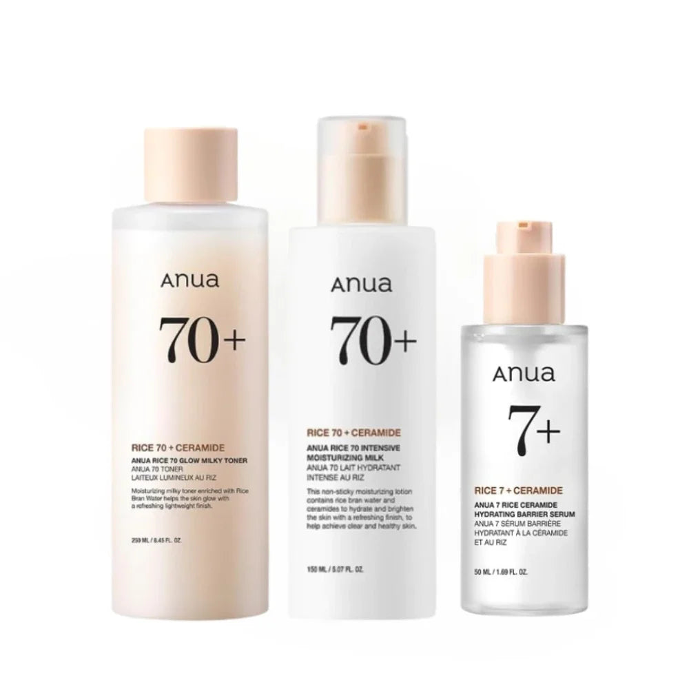 Anua Rice Hydrating Whitening Set Rice 70 Glow Milky Toner Face Acne Moisturizing Milk Lotion 7 Hydration Serum Daily Skin Care