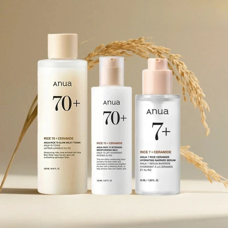 Anua Rice Hydrating Whitening Set Rice 70 Glow Milky Toner Face Acne Moisturizing Milk Lotion 7 Hydration Serum Daily Skin Care